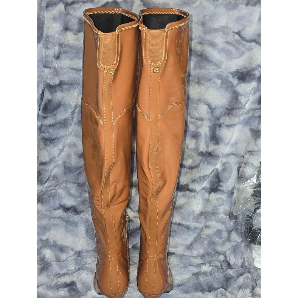 NWB GUESS Bowey Tan Patent Leather Stiletto‎ Heel Knee High Boots Size 8.5